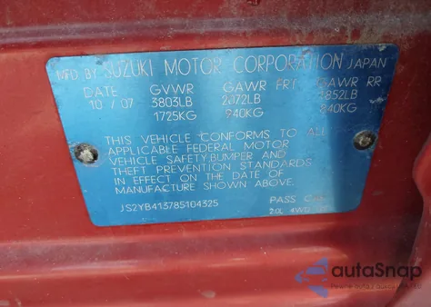 2008 Suzuki Sx4 Convenience/Touring z USA, uszkodzony, nr VIN JS2YB413785104325